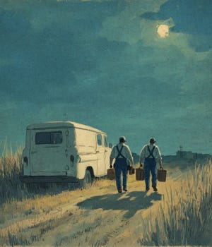 watercolor illustration of two field agents walking toward a company van at night after finishing a cleanup in a rural field, muted neutrals with cream paper texture, slight surreal tension