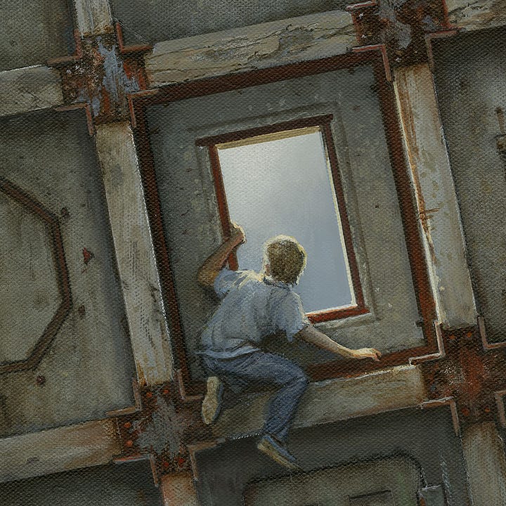 LEFT: Detail from OUTLOOK featuring the panel that had been covering the now open window tumbling past lower segments of the wall. The hatch directly below is reminiscent of a four panel door, barred by four blocks placed even between the left and right edges. The material of the discarded panel is uncertain—perhaps wood but possibly metal or concrete. Shadowed dots at each corner hint at where it was nailed or bolted through to the wall. A wash of rust colors the face in streaks.  RIGHT: Figure detail from OUTLOOK featuring a blonde boy of about 10 resting on a ledge of concrete to peer out an open panel to the sky. The opening is framed in rusted metal. We see him lit by the sun from behind as he holds onto the frame with his left hand. On his knees with one leg not quite finding purchase, he searches for balance with his right hand. He wears blue jeans and sneakers with a lighter blue shirt.