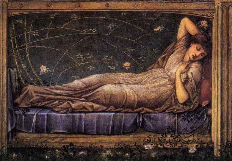 A painting of a woman asleep, reclining on a blue-draped divan. She is dressed in a pale pink dress, flowing and shapeless. The background is dark with stylised vines arching beside her, and the whole composition is framed in wood