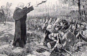 Abbot Maurice of Inchaffrey blesses the Scots as they kneel in prayer.