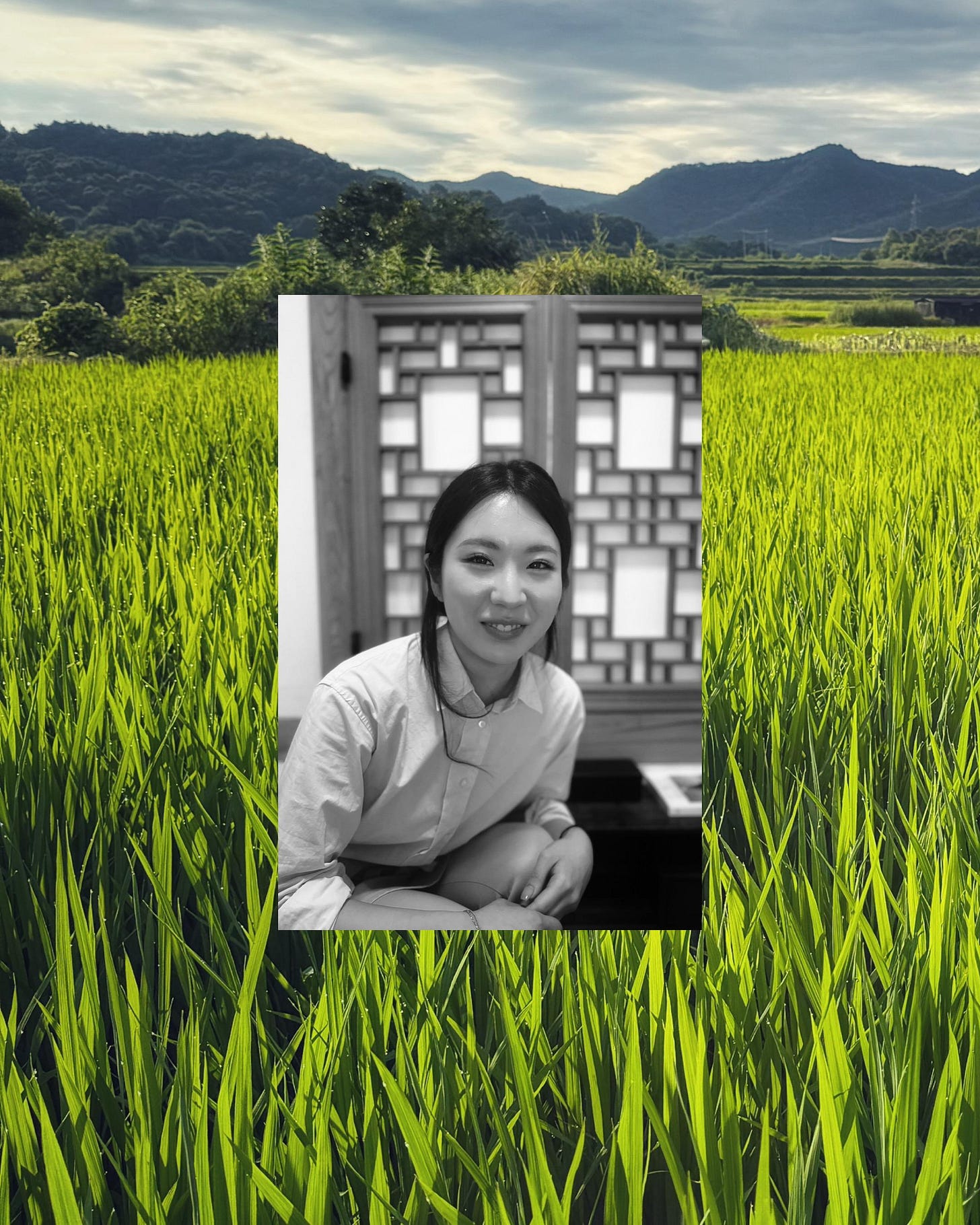 Black and white photo of a modern Korean woman is overlaid on a color photo of a bright green field. Black and white photo of a modern Korean woman is overlaid on a color photo of a bright green field.