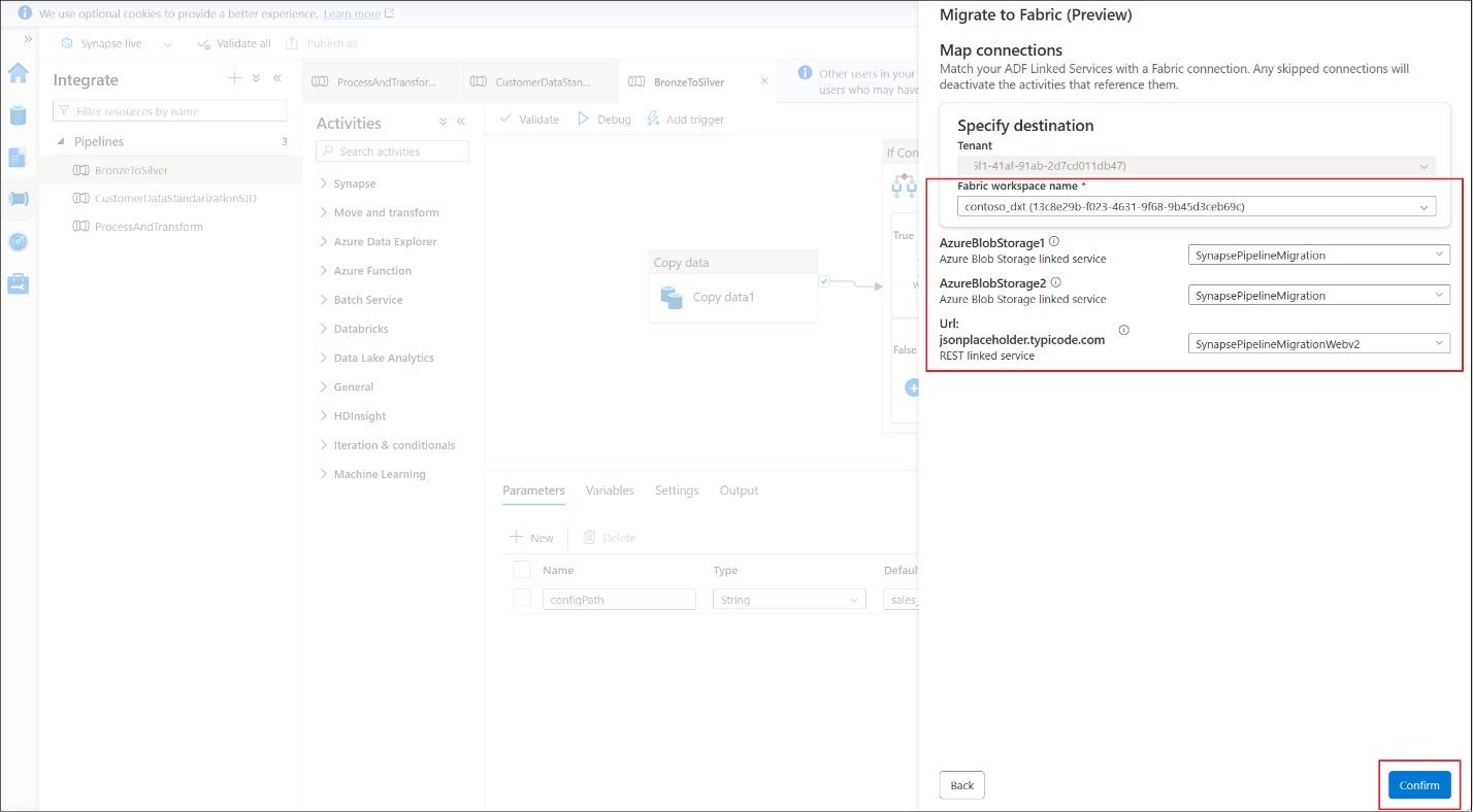 Screenshot of the workspace selection and connection mapping step, showing Synapse linked services on one side and Fabric connections on the other.