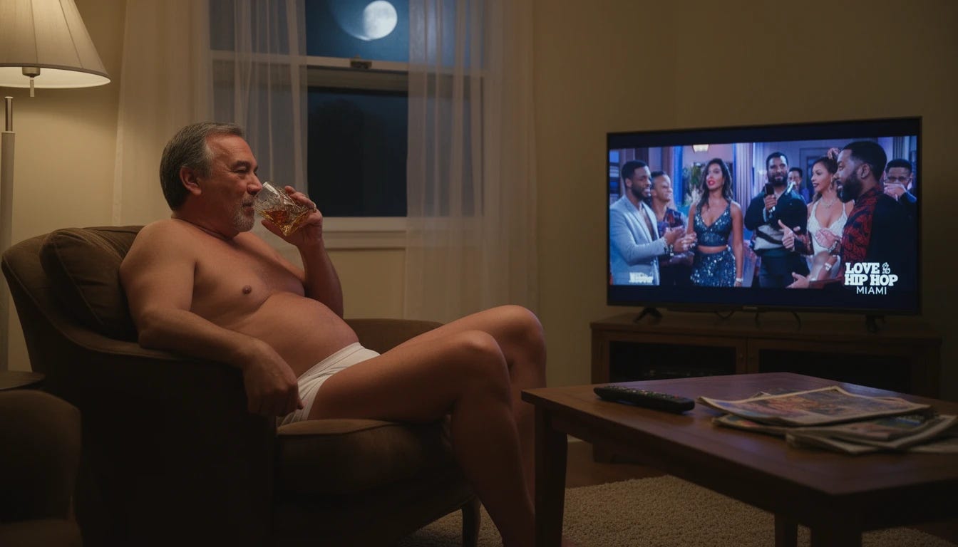 Man in underwear getting drunk on whiskey and watching Love and Hip Hop Miami on television Man in underwear getting drunk on whiskey and watching Love and Hip Hop Miami on television