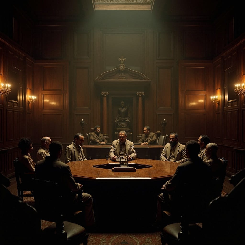 A dimly lit, atmospheric interior of a 17th-century Jamaican colonial legislative chamber, inspired by the works of cinematographer Roger Deakins and infused with the nostalgic aesthetic of 35mm film, as if shot on a v-raptor XL camera. A grand, ornate wooden table dominates the center of the room, surrounded by ornate chairs, reflecting the wealth and power of the island's elite. The walls, adorned with rich, dark wood paneling, seem to bear the weight of history, while the faint glow of candles and lanterns casts a warm, golden light on the assembly members, all dressed in attire befitting their social status, their faces illuminated by the soft, cinematic lighting, evoking a sense of drama and foreboding. The color palette is muted, with earthy tones and rich colors, reminiscent of a bygone era, with a subtle film grain and vignette adding to the overall cinematic feel, as if the scene has been plucked straight from a historical epic. The style is reminiscent of the atmospheric, dramatic works of filmmakers like Terrence Malick and Alejandro González Iñárritu.