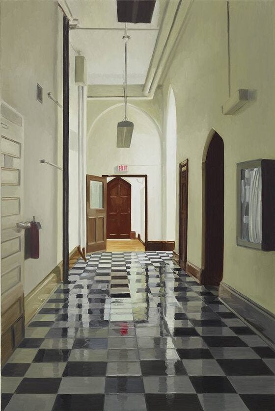 A long hallway with a checkered floor

AI-generated content may be incorrect.