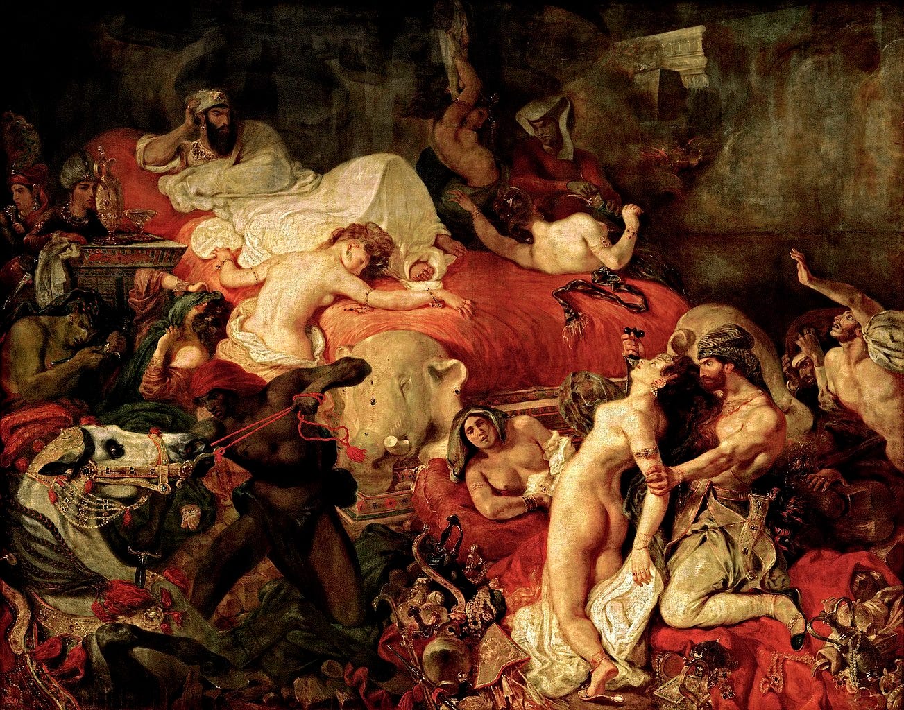 Eugène Delacroix, Death of Sardanapalus, 1827, taking its Orientalist subject from a play by Lord Byron Eugène Delacroix, Death of Sardanapalus, 1827, taking its Orientalist subject from a play by Lord Byron