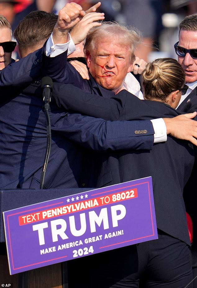 Trump appeared to mouth the word 'fight' as he was dragged away Trump appeared to mouth the word 'fight' as he was dragged away