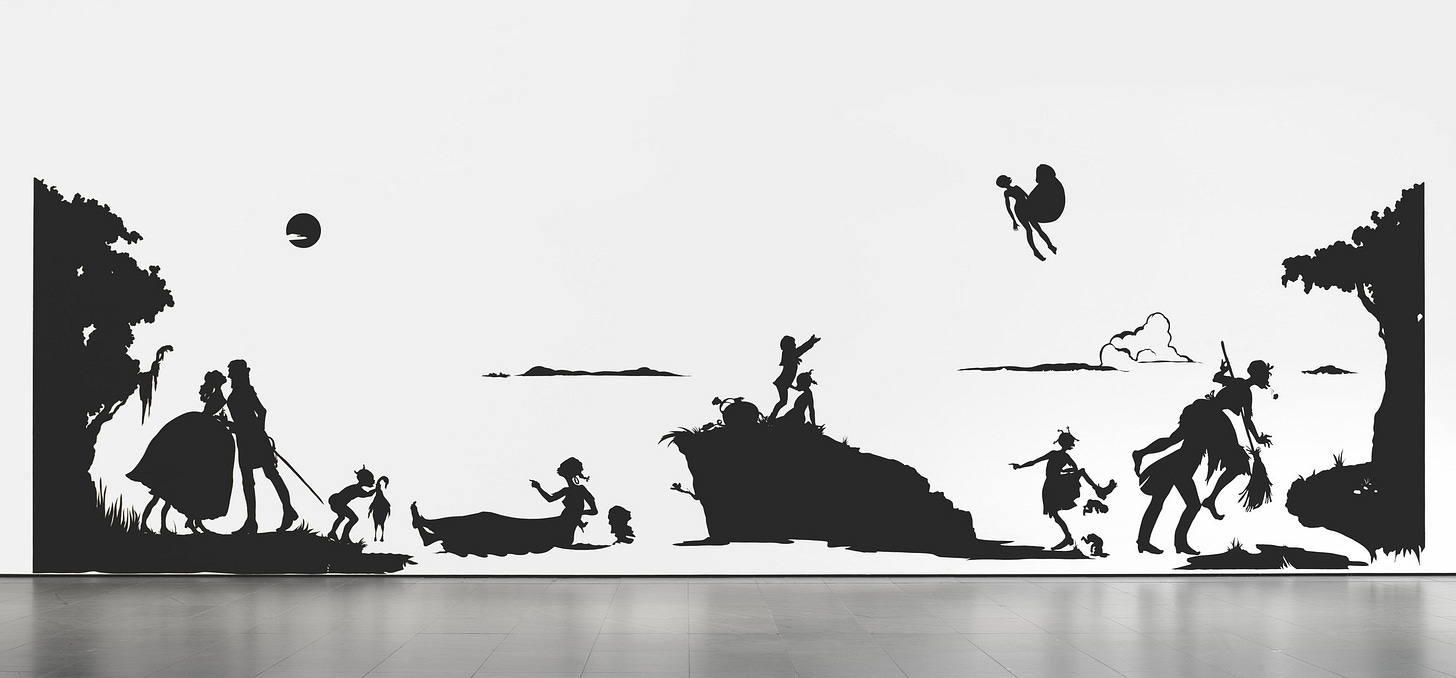 Kara Walker, Gone: An Historical Romance of a Civil War as It Occurred b'tween the Dusky Thighs of One Young Negress and Her Heart, 1994. Cut paper, 13 x 50 feet. The Museum of Modern Art, New York. Kara Walker, Gone: An Historical Romance of a Civil War as It Occurred b'tween the Dusky Thighs of One Young Negress and Her Heart, 1994. Cut paper, 13 x 50 feet. The Museum of Modern Art, New York.