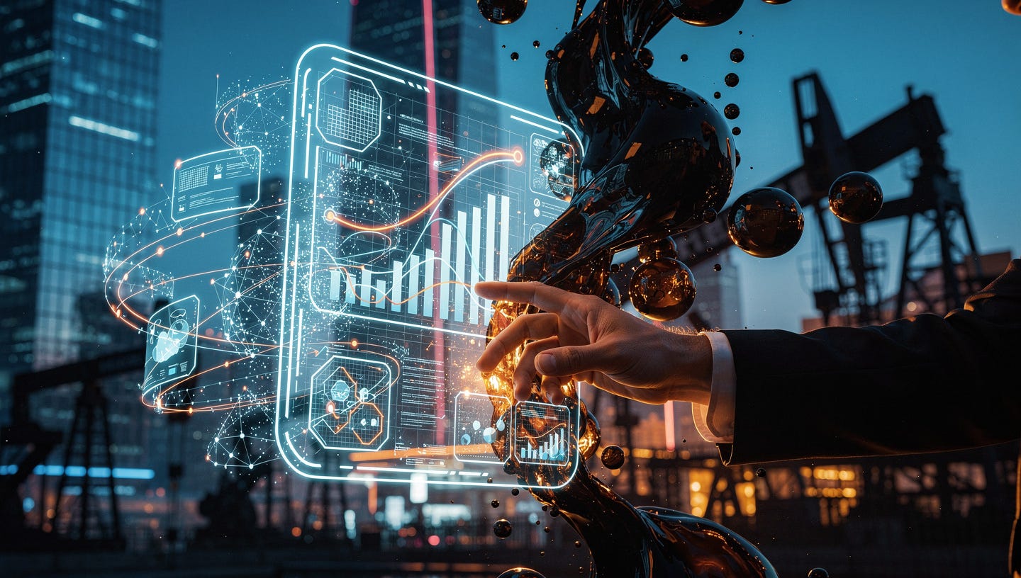 Editorial photography, cinematic, hyper-realistic. A global investor's hand in a tailored suit manipulating a holographic, floating interface. On one side of the hologram, there are glowing digital streams of data representing artificial intelligence networks and satellite constellations (SpaceX). On the other side, dark, viscous crude oil bubbles upward, reflecting the light of the digital data. In the background, blurred, a futuristic blue-hour cityscape mixed with oil derricks. High contrast, blue and orange color grading, 8k resolution, ultra-detailed.