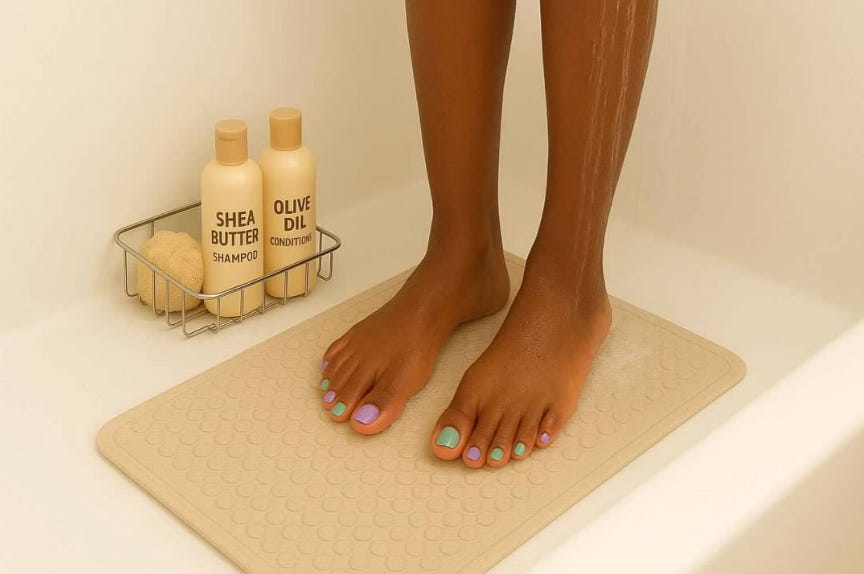 Black woman's toes painted turquoise and lilac. She's standing in shower with running water and shea butter and olive oil conditioner are in a shower caddy nearby.