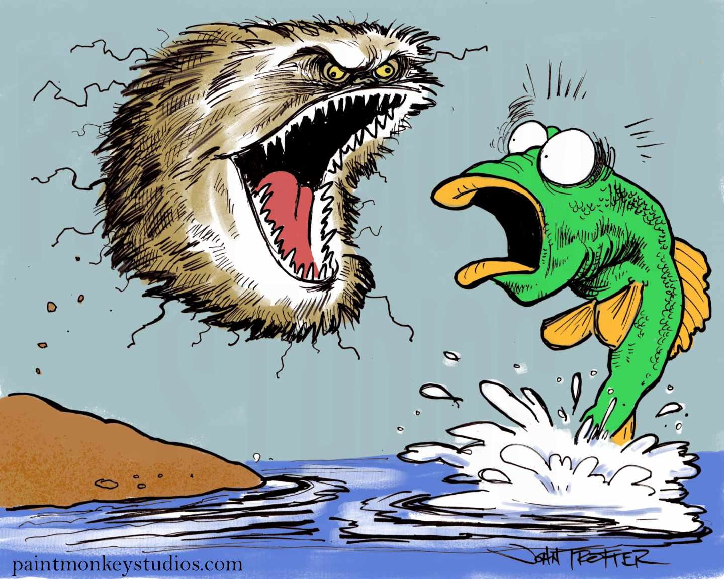 Ink and digitally colored drawing of Fizzgig from the Dark Crystal attacking a jumping fish. Ink and digitally colored drawing of Fizzgig from the Dark Crystal attacking a jumping fish.