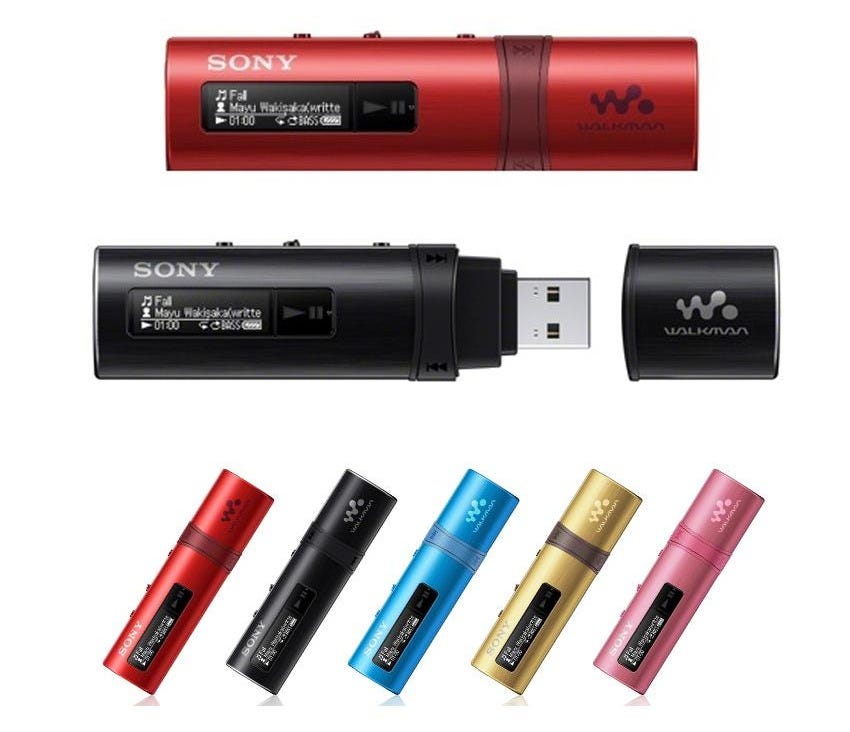 Sony’s 4GB NWZ-B183F “Lipstick” Walkman shown in various colors.