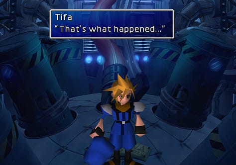 Tifa: "That's what happened..." — Cloud: "Yeah...this is...me." — Tifa: "So you really did come when I was in trouble!"