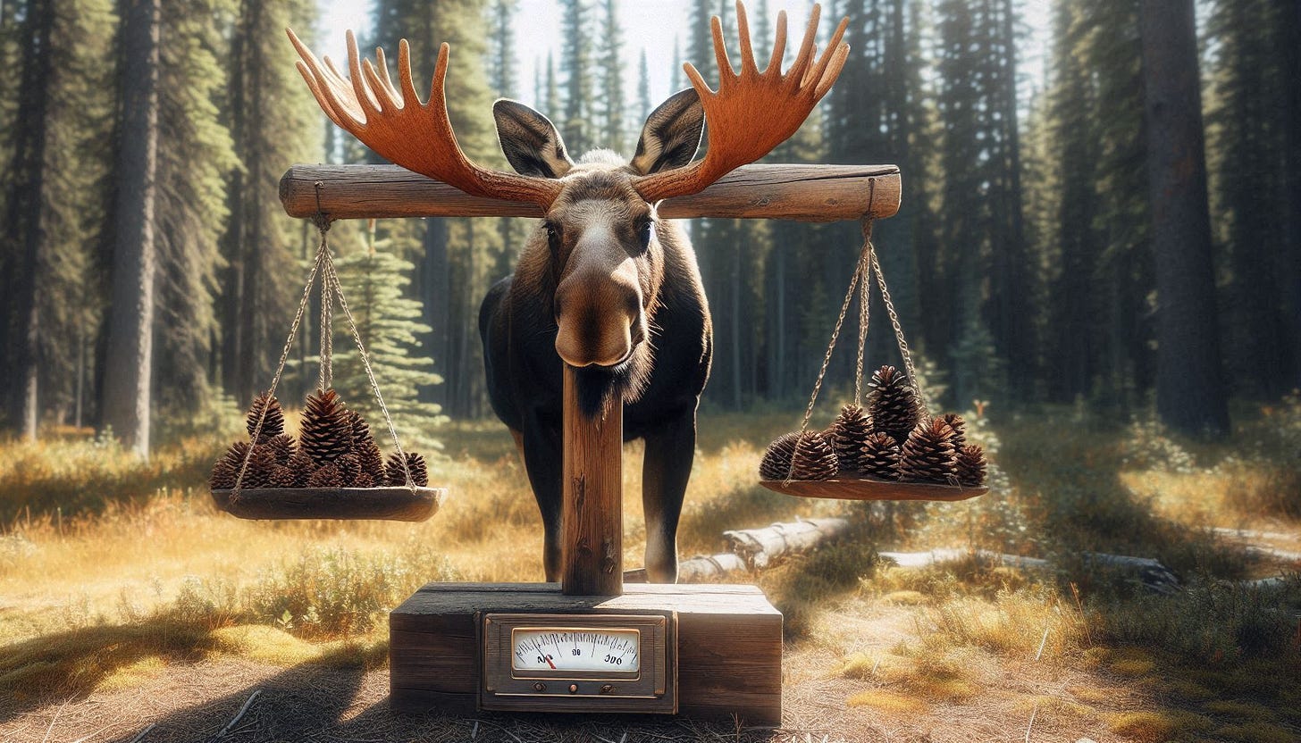 A moose with antlers and pine cones on a scale

AI-generated content may be incorrect.