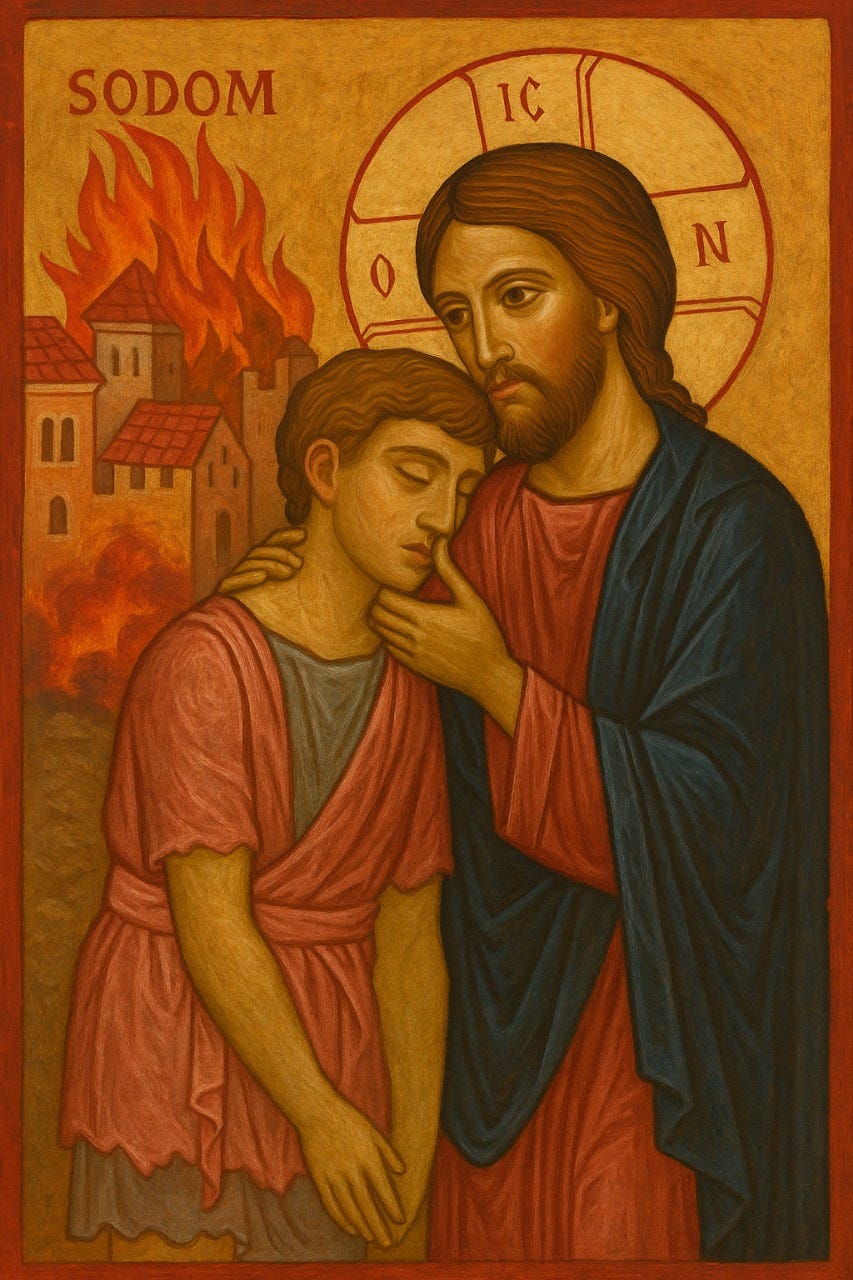 A sacred icon in Byzantine style. Christ gently embraces a young man with closed eyes, resting against His chest, while the city of Sodom burns in the background. The word “SODOM” is written above the flames, and Christ's halo bears the traditional cross inscription.