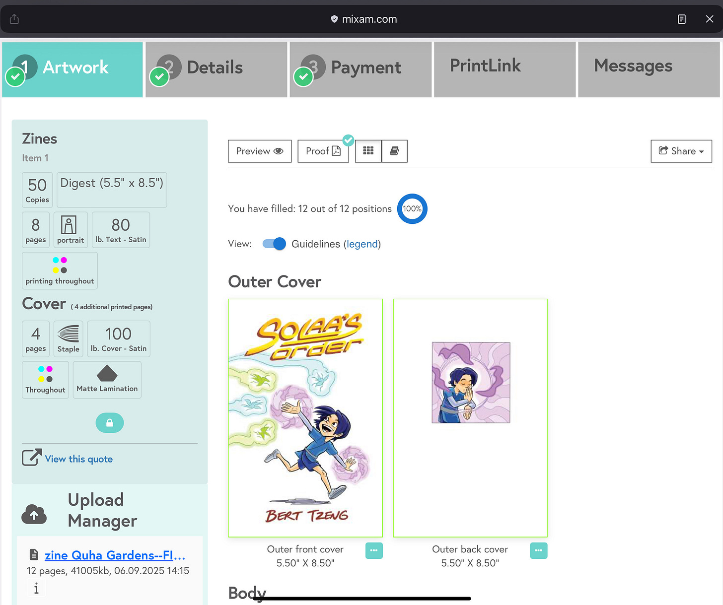 Screenshot of my zine after being uploaded to Mixam.com for printing.