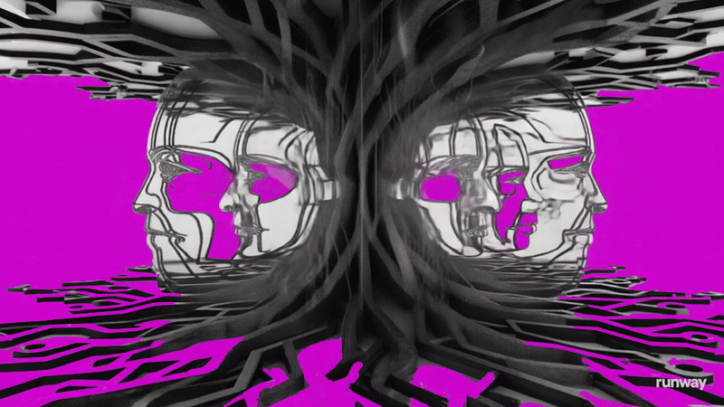 heads spin around roots of a tree in a loop. Co-created with AI using Runway