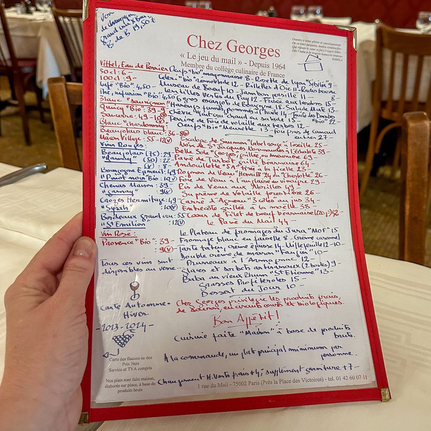 the menu at Chez Georges bistro in Paris