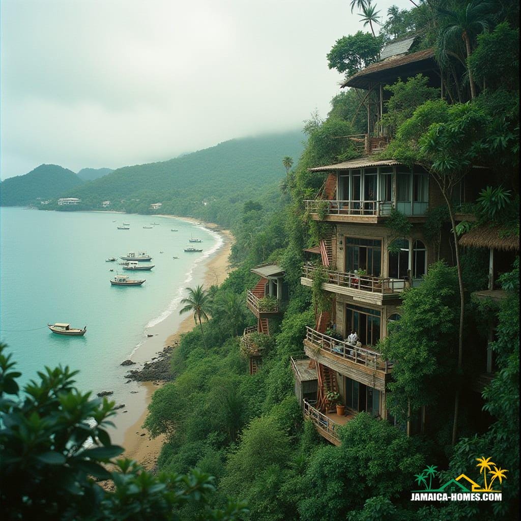 Port Antonio’s lush coast reimagined with a vertical village spiraling upward like a natural mountain, timber balconies inspired by Jamaican homes, sky-gardens bursting with tropical plants, fishing boats and parked cars adding realism, morning mist rolling over the hills in the background.