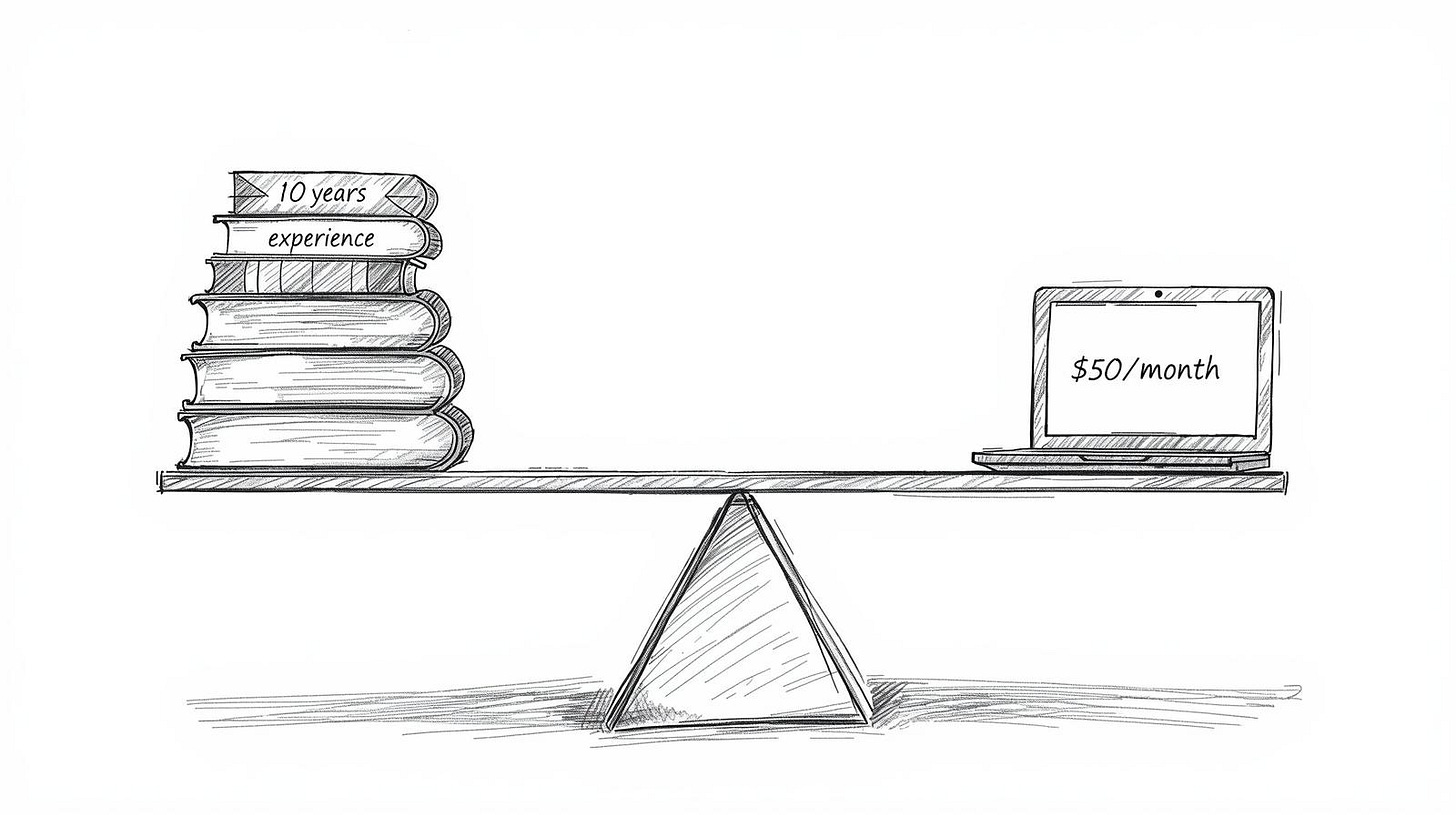 Balance scale showing ten years experience outweighed by fifty dollar AI subscription