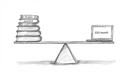 Balance scale showing ten years experience outweighed by fifty dollar AI subscription
