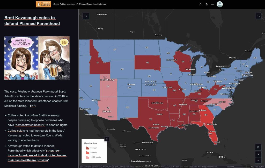 Susan Collins voted for Kavanaugh to overturn Roe v Wade and defund Planned Parenthood. Mapping the quality of reproductive healthcare by state