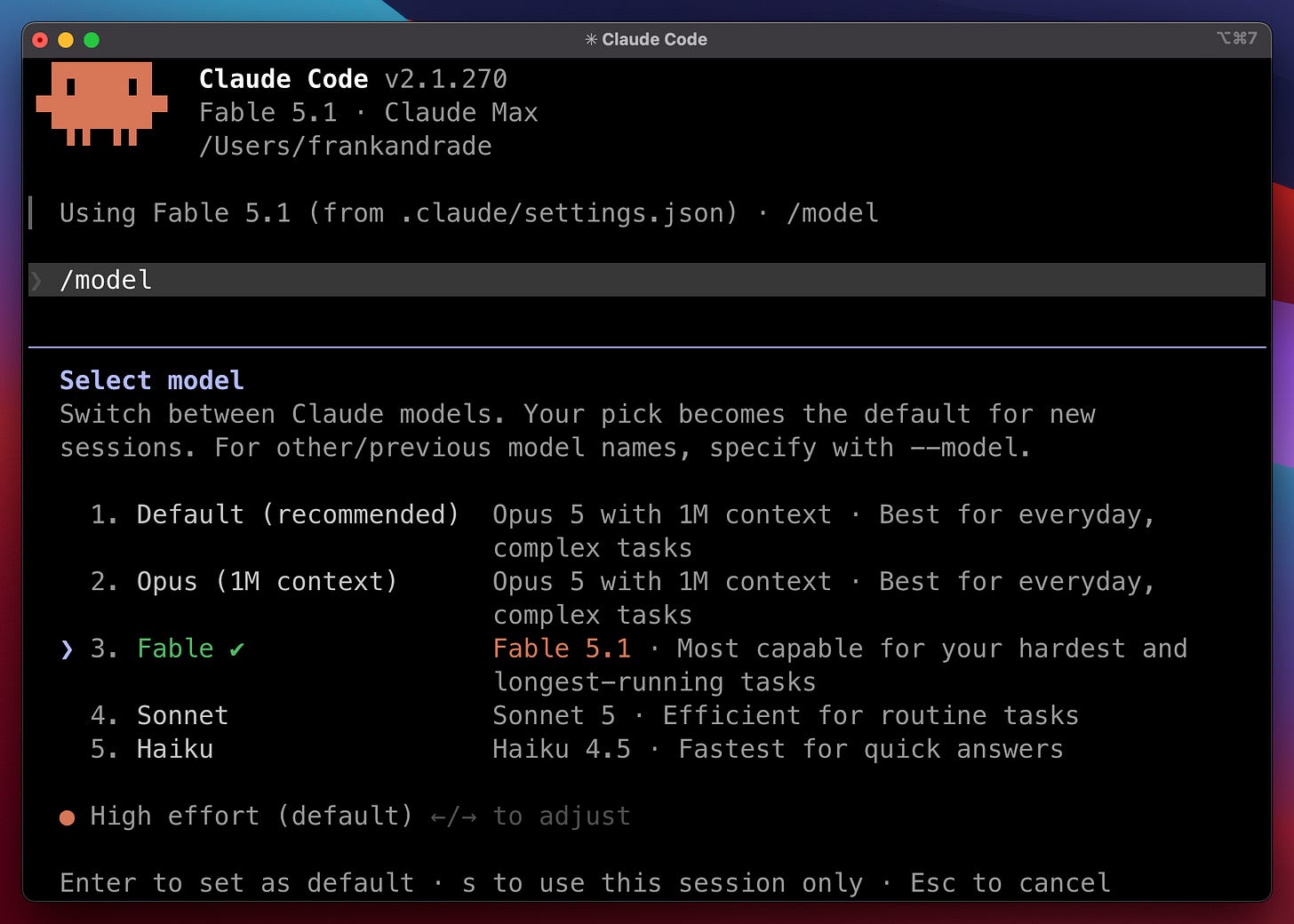 The /model picker in Claude Code. Effort defaults to high here, and you adjust it with the arrow keys
