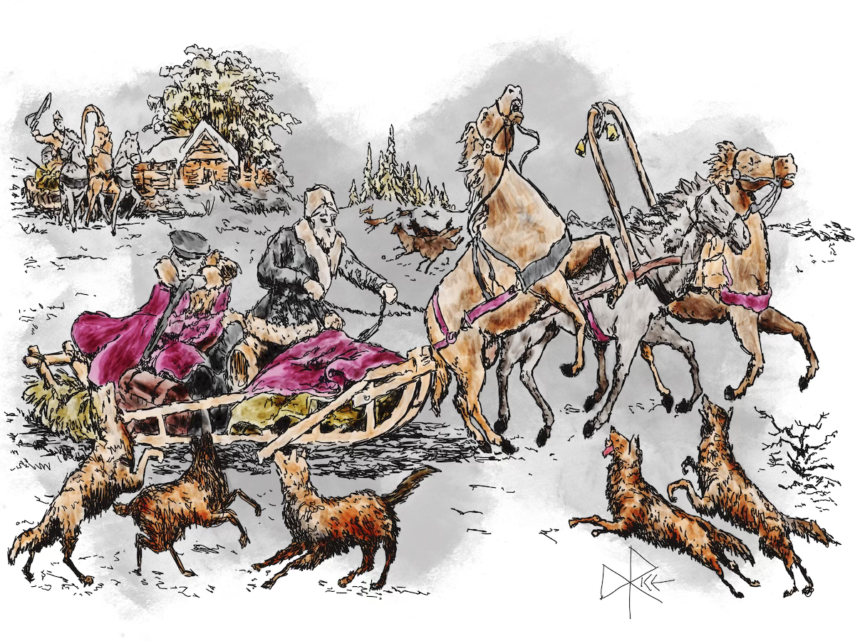 In winter, a pack of wolves surround a horse-drawn courier sleigh. The humans and horses fight back. Sketch art by Don Rice. In winter, a pack of wolves surround a horse-drawn courier sleigh. The humans and horses fight back. Sketch art by Don Rice.