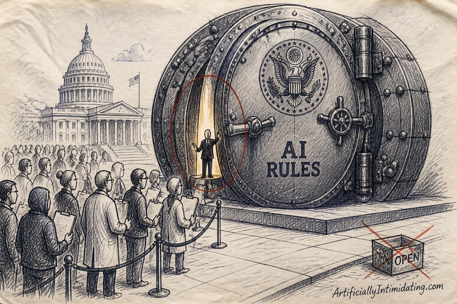 Editorial cartoon: a giant government vault door stamped AI RULES stands cracked open a sliver with an official waving a few people in, while a roped-off crowd of unbranded researchers holds completely blank clipboards. A crossed-out box labeled OPEN sits on the curb.