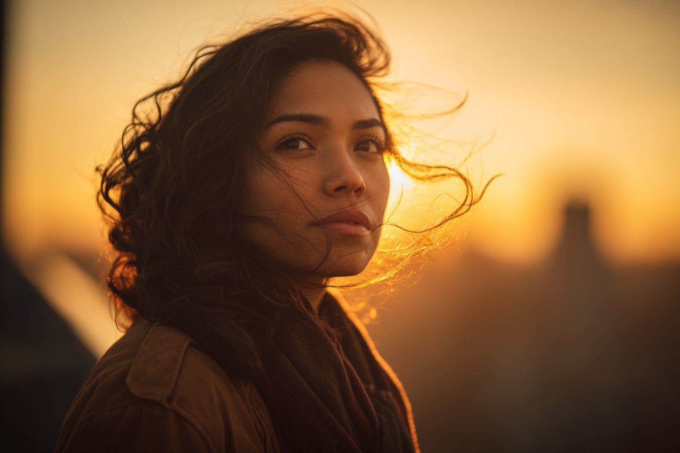 Illustrated portrait of a contemplative Latina woman standing on a bridge at sunset, symbolizing emotional growth and change