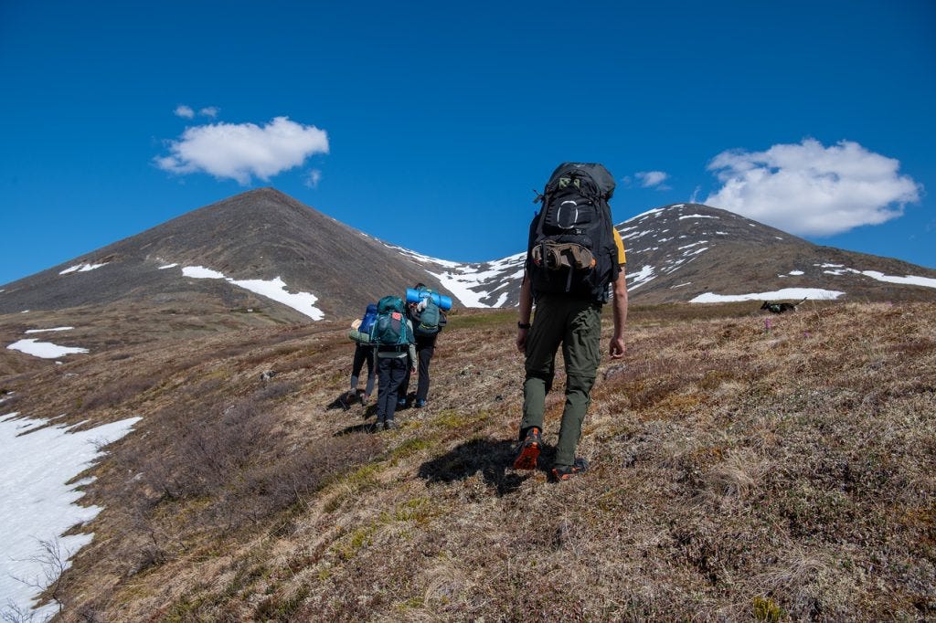 Four hikers with large backpacks walk in a line up a brown tundra slope toward a rounded, snow-patched peak under a deep blue sky.