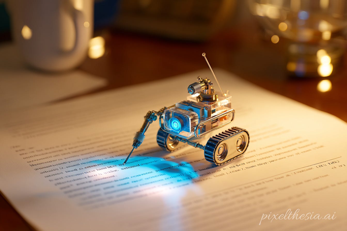 A small, intricately designed miniature robot on tank-like treads positioned on a printed document. The robot has a clear acrylic body with blue illumination inside, giving it a high-tech appearance. It features a mechanical arm with what appears to be a thin probe or stylus that's touching the document, causing the text under it to glow with blue light, as if the robot is scanning or highlighting the content. The robot also has a small antenna extending from its top. The document beneath it contains printed text that's partially illuminated by the robot's scanning light. The scene is warmly lit with soft bokeh lights in the background, creating an atmospheric, almost magical tech environment on what appears to be a wooden desk surface.