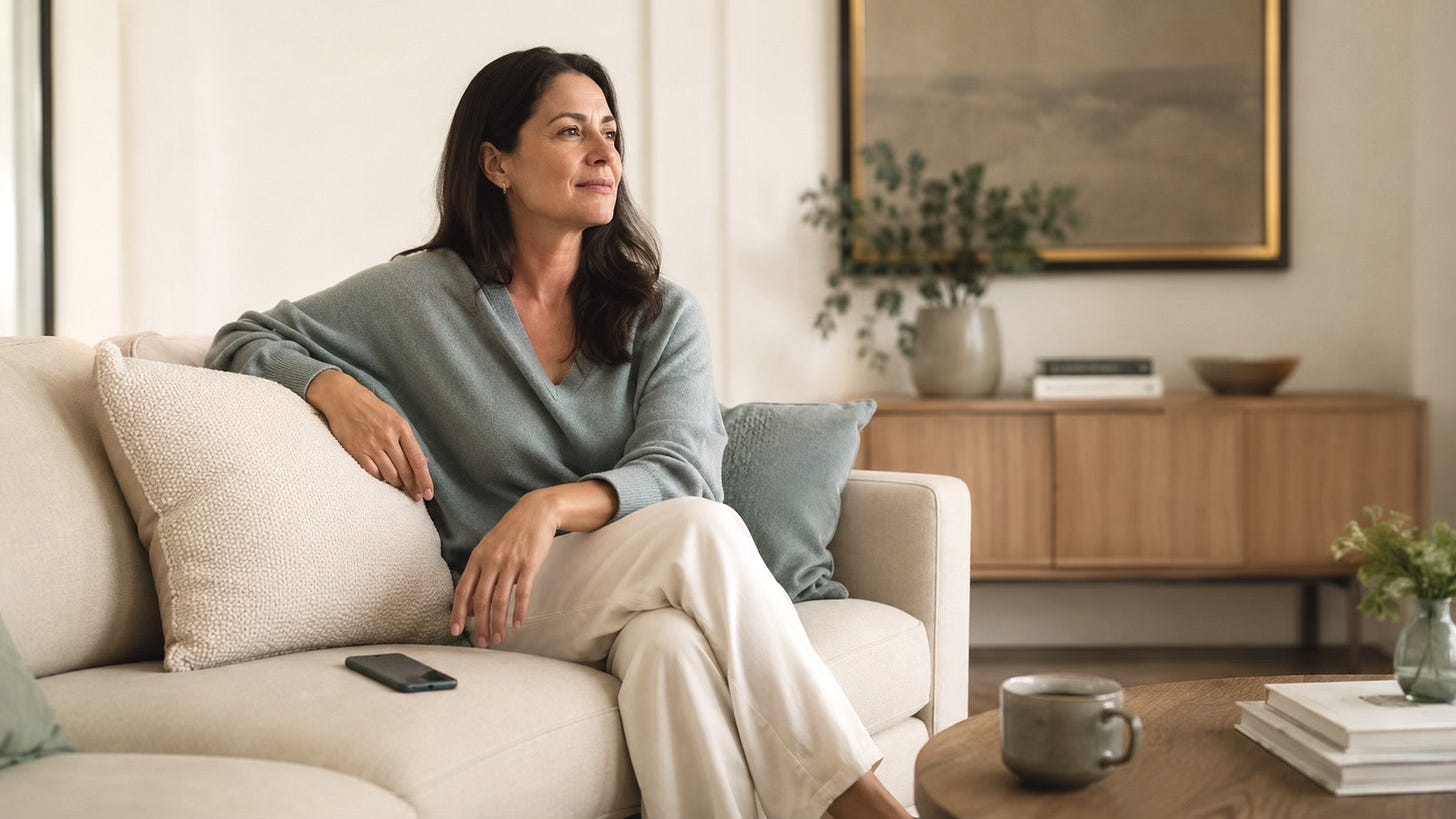 Woman seated on a sofa with her phone set aside, reflecting calmly in a softly lit room.