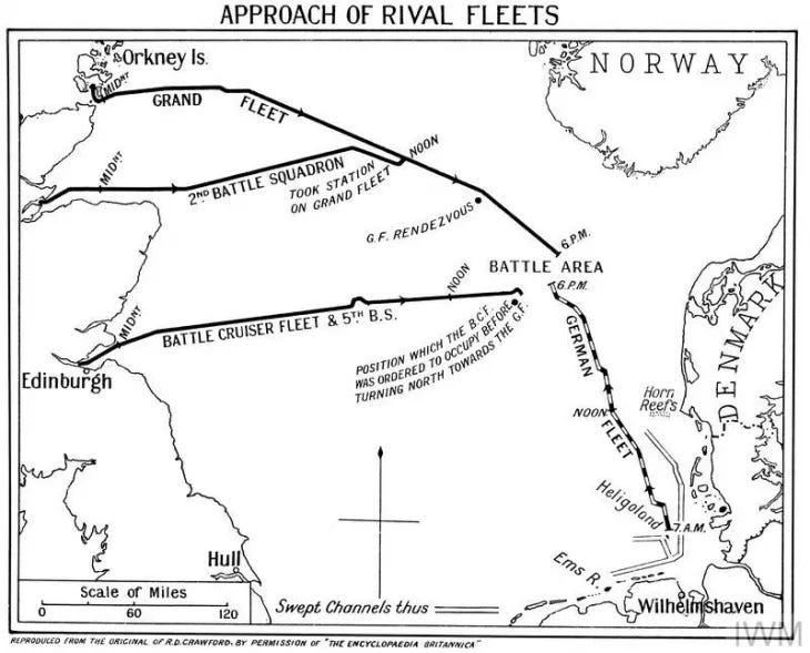 Map showing the movements of the British Grand Fleet and the German High Seas Fleet before the battle. Map showing the movements of the British Grand Fleet and the German High Seas Fleet before the battle.