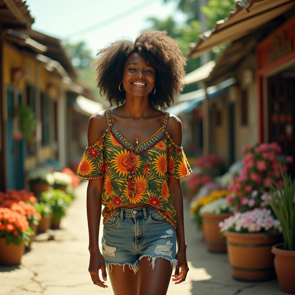 A vibrant, young Jamaican woman with dark, curly hair and bright smile, wearing a colorful dashiki blouse and distressed denim shorts, wandering through a bustling town market, surrounded by lush greenery and vibrant tropical flowers, in the warm, golden light of the Caribbean afternoon. The image is reminiscent of the aesthetic of legendary cinematographers Roger Deakins, Emmanuel Lubezki, and Bradford Young, with a focus on capturing the authentic essence of the scene. The film grain and vignette add a sense of nostalgia and timeless quality, while the 35mm film aesthetic provides a cinematic grandeur and texture.