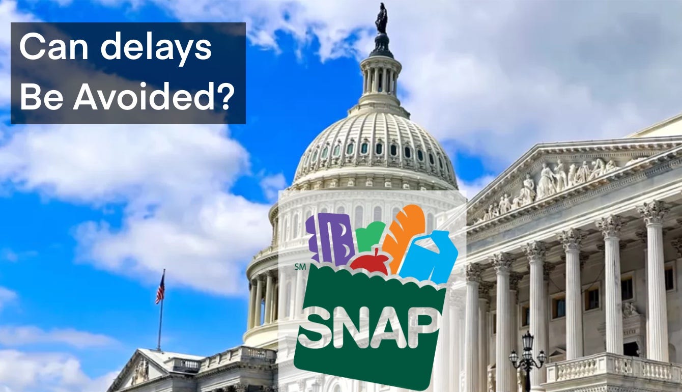U.S. Capitol dome under a blue sky with a semi-transparent white panel centered over it. The SNAP grocery-bag logo sits on the panel, signaling a shutdown story about emergency SNAP funding. Text in upper left corner reads “Can delays be avoided?”.