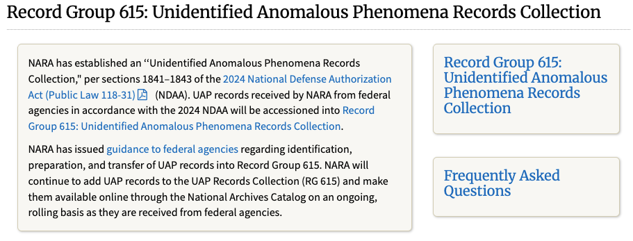 Screengrab of federal government site of National Archives info on UAP in NDAA 2024 