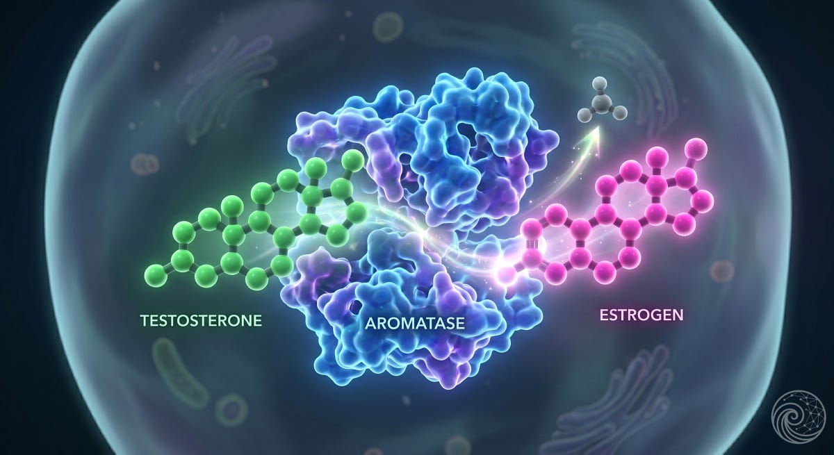3D molecular diagram of the aromatase enzyme converting a green testosterone molecule into a pink estrogen molecule by cleaving the C-19 methyl group.