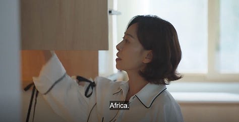 Dialogue: mother: "I'm being reassigned" father: "to where" mother: "Africa"