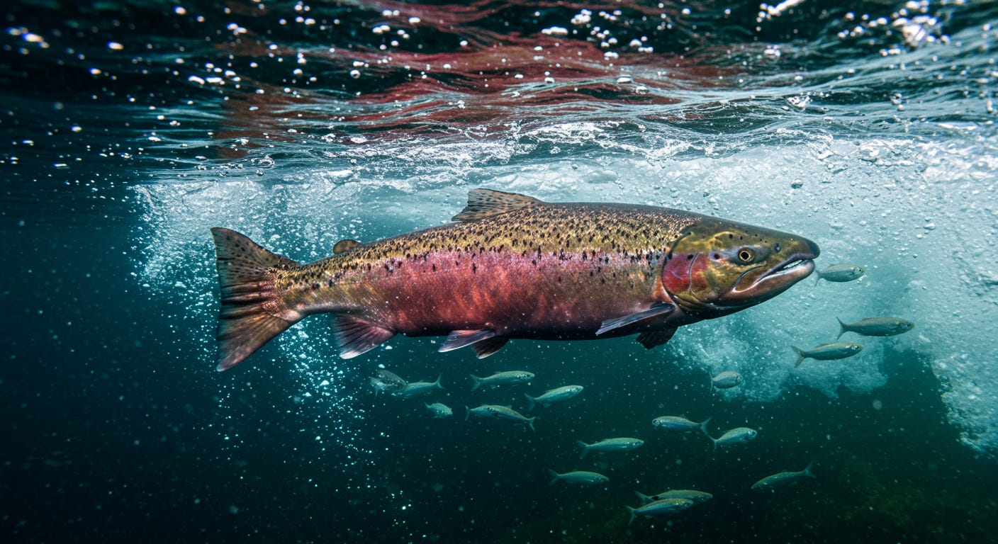 A salmon swims upstream through strong currents, surrounded by bubbles and fish. A salmon swims upstream through strong currents, surrounded by bubbles and fish.