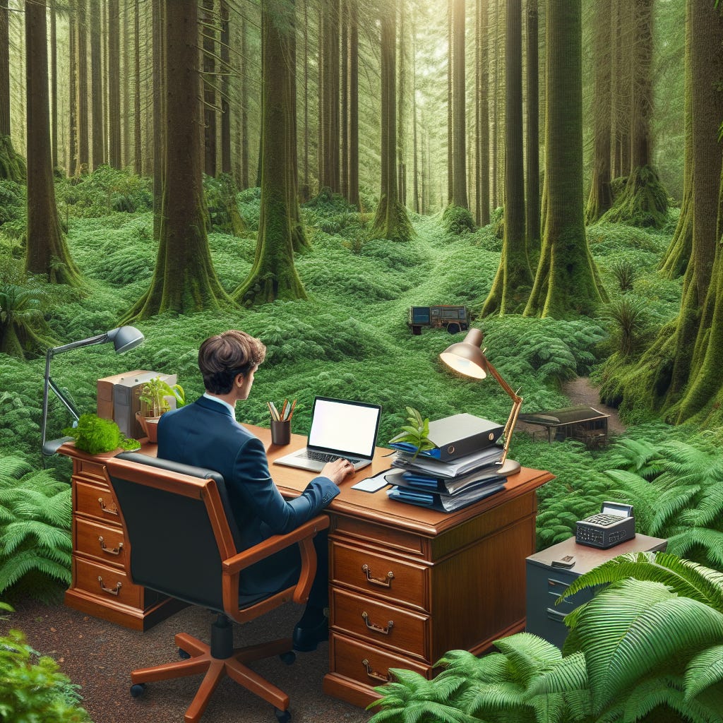 prompt: a young white collar worker sitting at a desk in the middle of a thick forest