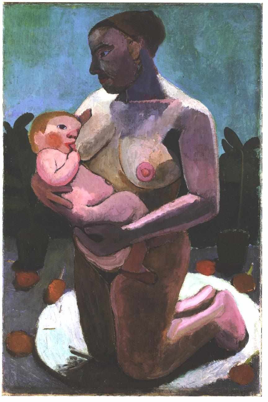 Modersohn-Becker's kneeling nude mother nursing her baby on a white cloth, oranges on the ground around her Modersohn-Becker's kneeling nude mother nursing her baby on a white cloth, oranges on the ground around her