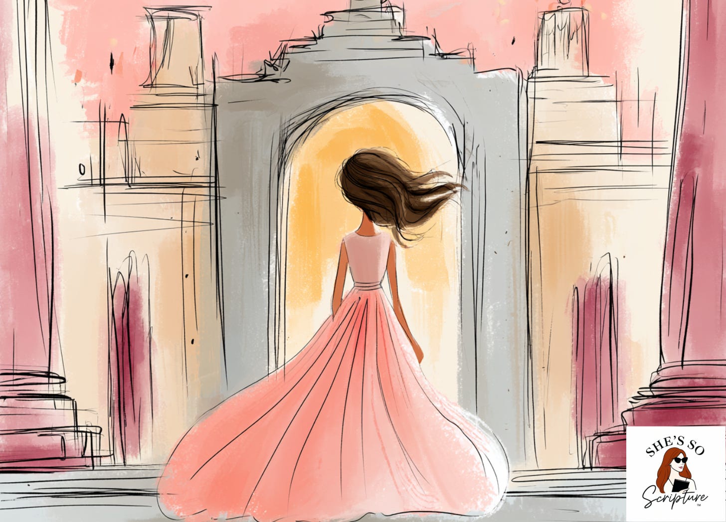 A woman in a flowing dress stands at the threshold of an ancient temple, facing a distant golden light, illustrated in a watercolor and ink style with blush pink, cream, and warm gold tones. A woman in a flowing dress stands at the threshold of an ancient temple, facing a distant golden light, illustrated in a watercolor and ink style with blush pink, cream, and warm gold tones.