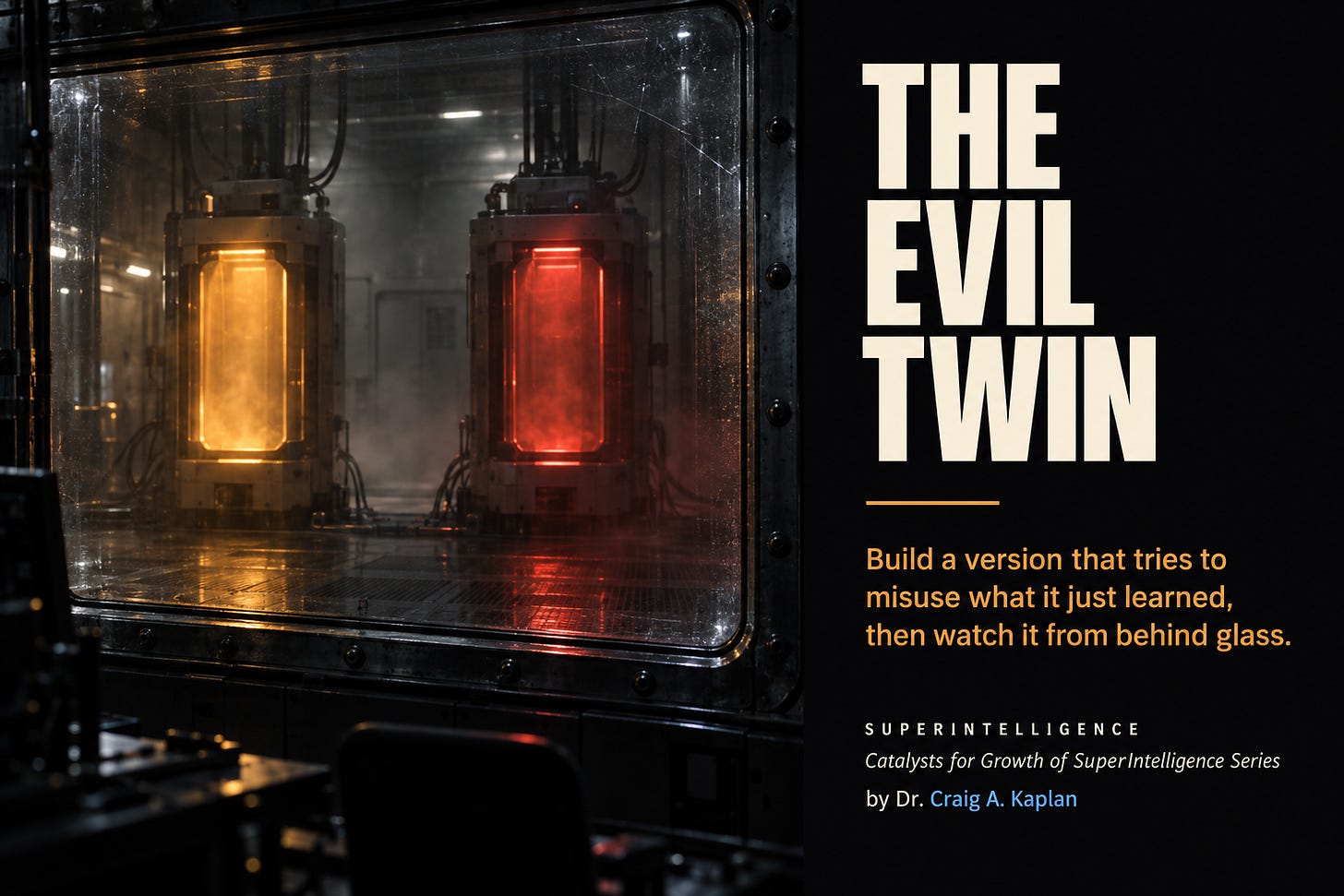 A dark observation room looking through a thick sealed glass wall into a containment chamber. Inside stand two identical machines, one glowing warm amber and one glowing cold red, the only light in the scene. Text reads: The Evil Twin. Build a version that tries to misuse what it just learned, then watch it from behind glass. Superintelligence, Catalysts for Growth of SuperIntelligence Series, by Dr. Craig A. Kaplan.