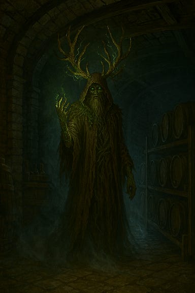 A dark fantasy druid emerging from mist in a storm-laced winery cellar. The cellar has close brick walls and wooden beams groaning under the weight of age and thunder. Shadows ripple behind wine racks. The druid wears a crown of antlers and has vine-veined skin. Their eyes glow with stormlight. One hand is raised, fingers poised mid-incantation, lips murmuring ancient syllables. The air around them trembles with latent magic.