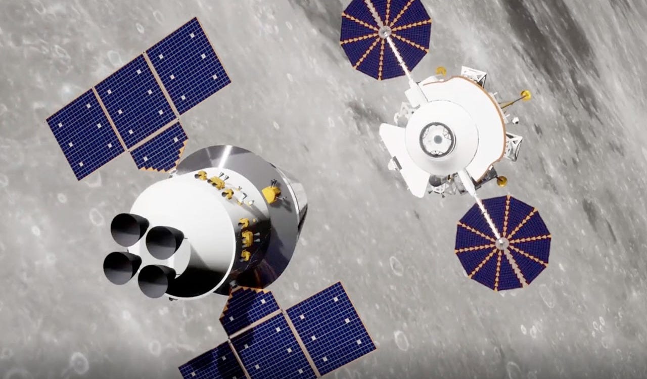 A render of the Lanyue lunar lander approaching the Mengzhou crew capsule in low orbit around the Moon after a mission to the surface. A render of the Lanyue lunar lander approaching the Mengzhou crew capsule in low orbit around the Moon after a mission to the surface.