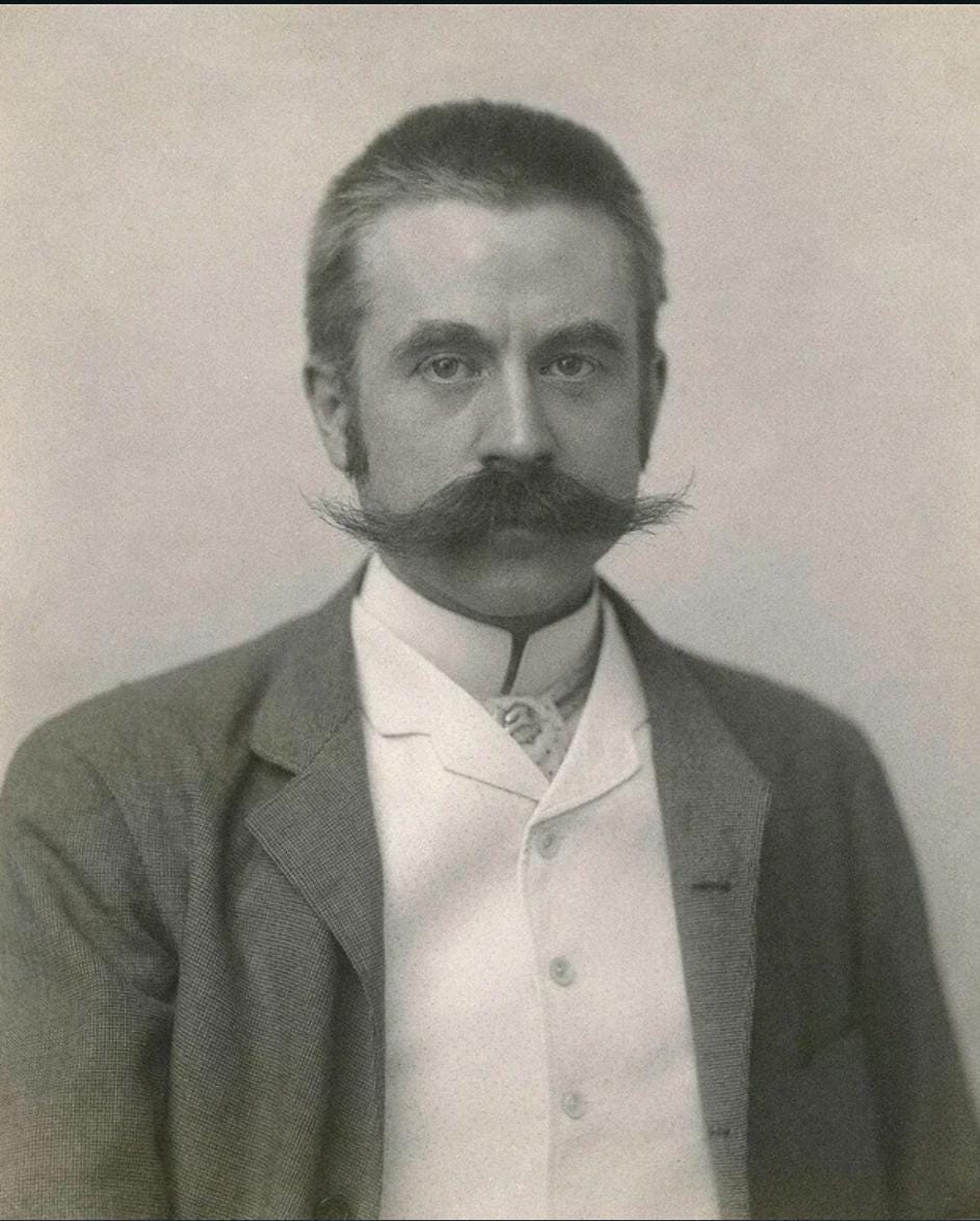 Stanford White, c. 1904, a famous early 20th-century American architect whose prestigious public life concealed a dark secret, as highlighted by Mark Twain's accusation of him 'remorselessly hunting young girls to their destruction.'