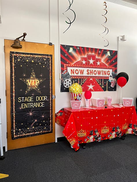 Image 1: Retirement door decoration; Image 2: Movie Night balloons hung on a wall; Image 3: A podium decorated like the Academy Awards; Image 4: A table of retirement decorations and pictures; Image 5: A tree with stars containing funny sayings; Image 6: A giant fake boom box and retirement decorations; Image 7: A tiny fake Oscar statuette; Image 8: An office door with retirement decorations; Image 9: A table with a tiny fake Oscar statuette and a balloon