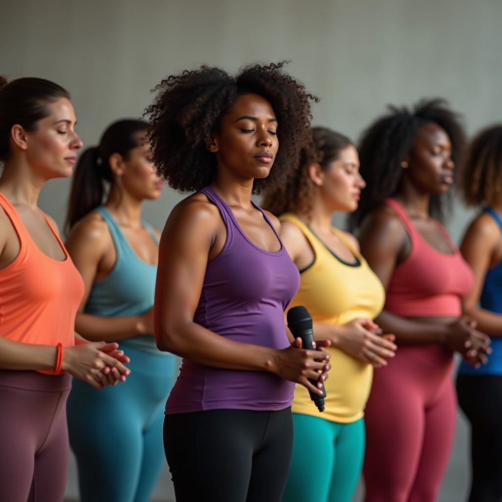 Provide me a realistic image of an African American woman with a group of women of all different body sizes relaxed colorful multi-colored workout clothing, praying outsid,e ready to workout but joined together in prayer locked arms eyes closed, one lady with microphone.