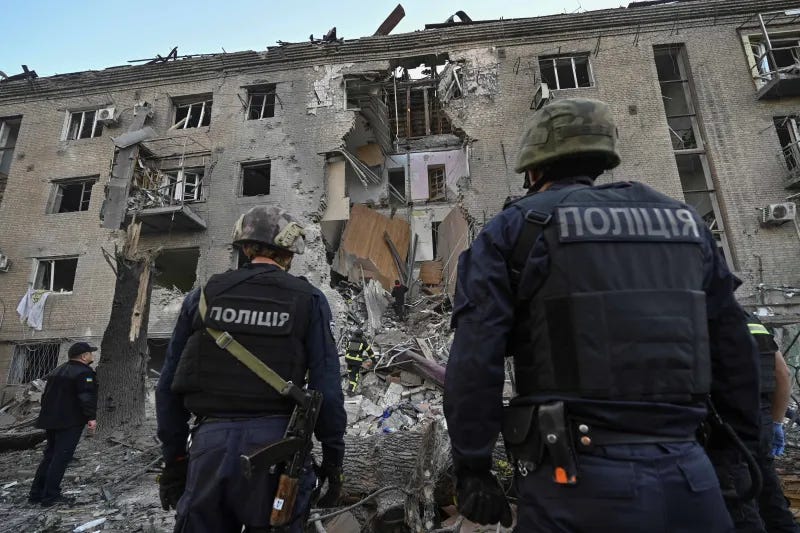Ukrainian police near a building hit by a Russian airstrike, Zaporizhzhia, Ukraine, September 2024 Ukrainian police near a building hit by a Russian airstrike, Zaporizhzhia, Ukraine, September 2024